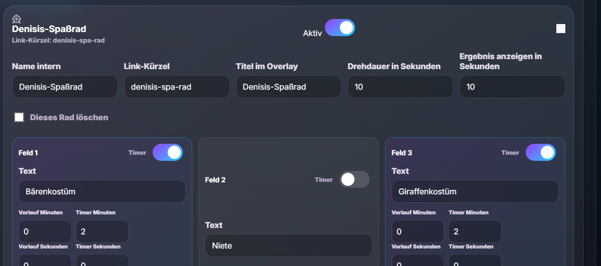 Streamissimo Aktionsrad Einstellungen